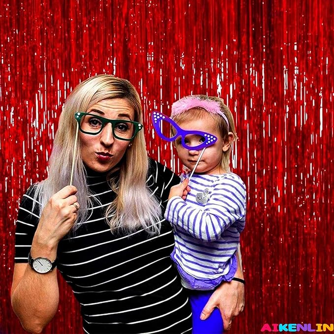4 Pack Red Foil Fringe Curtain Backdrop, 3.2Ft x 9.8Ft Metallic Tinsel Foil Fringe Streamers Curtains for Party, Photo Booth Props, Birthday, Wedding, Christmas Party Decoration Supplies