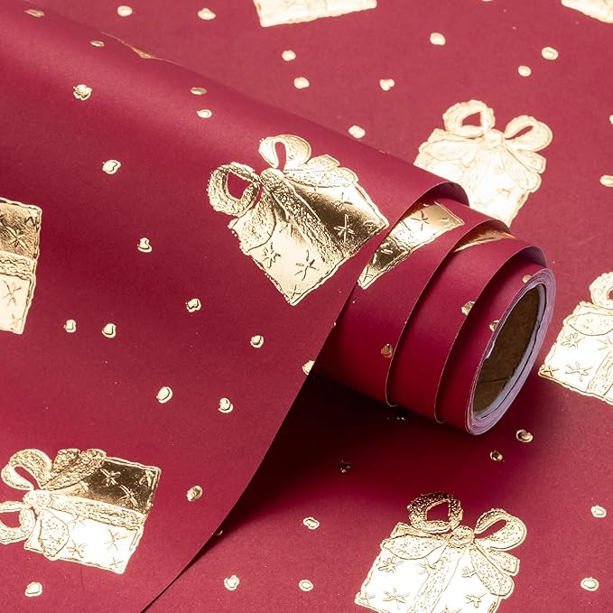 WRAPAHOLIC 3D Kraft Wrapping Paper Roll - Mini Roll - 17 Inch x 16.5 Feet - Gold and Red Christmas Presents Design with Embossed Perfect for Holiday, Party Celebration