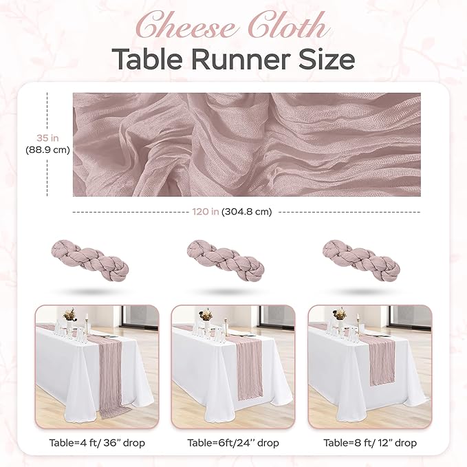 Cheesecloth Table Runner 6 Pack – 35x120 Inch (10ft) Boho Rustic Gauze Cloth Runners – Crinkle Polyester Table Decor for Wedding, Baby Shower, Bridal Shower, Birthday Party and More (Dusty Pink)