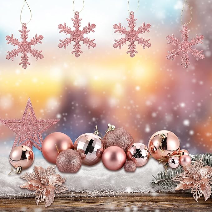 Sratte 94 Pcs Christmas Tree Decorations Set, Christmas Tree Ball Ornaments Glitter Poinsettia Flowers Decorations Glitter Berries Stems for Xmas Holiday Wedding(Rose Gold)