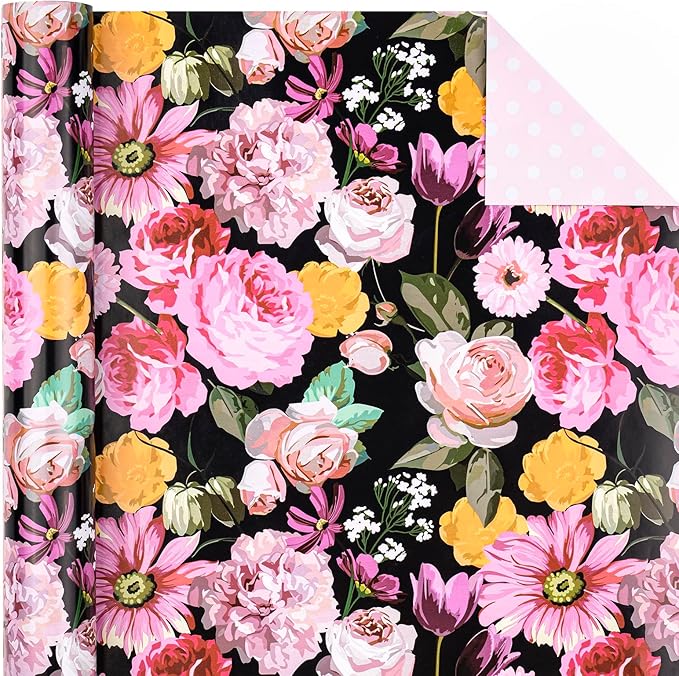 WRAPAHOLIC Reversible Floral Wrapping Paper - Mini Roll - 17 Inch X 33 Feet - Black Colorful Floral Design for Birthday, Mother's Day, Wedding, Baby Shower, Bridal Shower