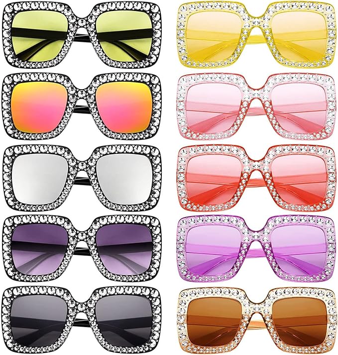 10/20 Pack Crystal Oversized Square Sunglasses Retro Diamond Glitter Sparkling Disco Glasses Party Favors