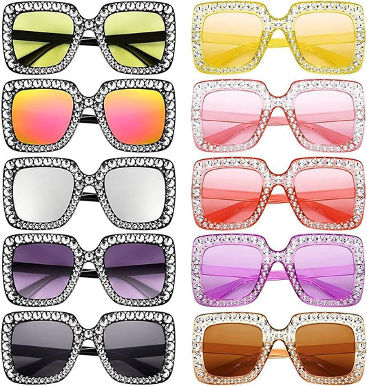 10/20 Pack Crystal Oversized Square Sunglasses Retro Diamond Glitter Sparkling Disco Glasses Party Favors