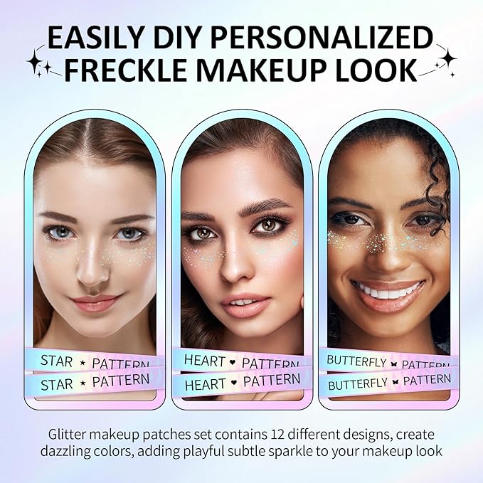 24PCS Holographic Glitter Freckles, Holographic Multichrome Fake Freckles Face Tattoo Long Lasting Glitter Makeup Patches for Halloween Christmas Party