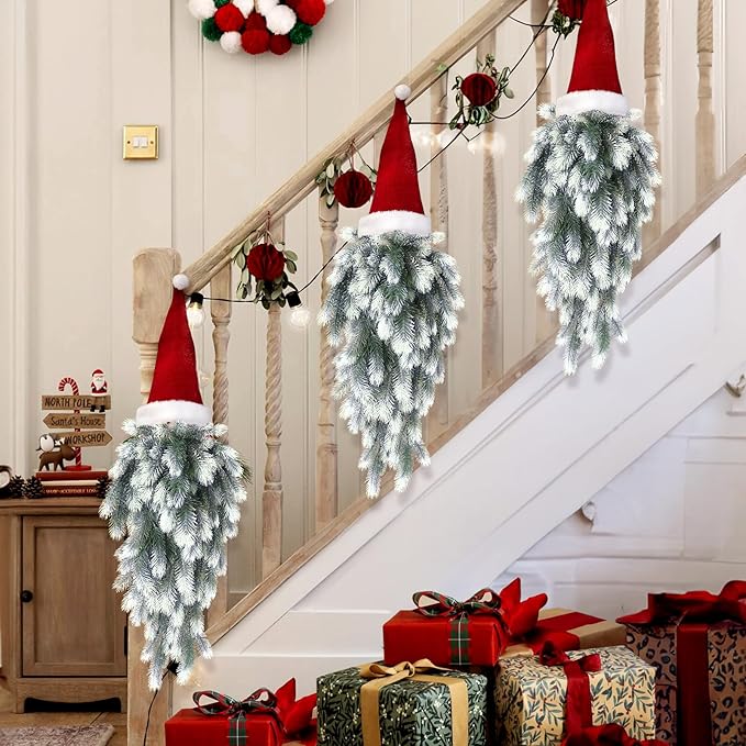 RECUTMS 2 Packs Hanging Artificial Pine Needle Branches Green Plant Pine Needle Accessories Artificial Hanging Plants Outdoors Faux Plant for DIY Christmas Indoor Outside Decoration(White)