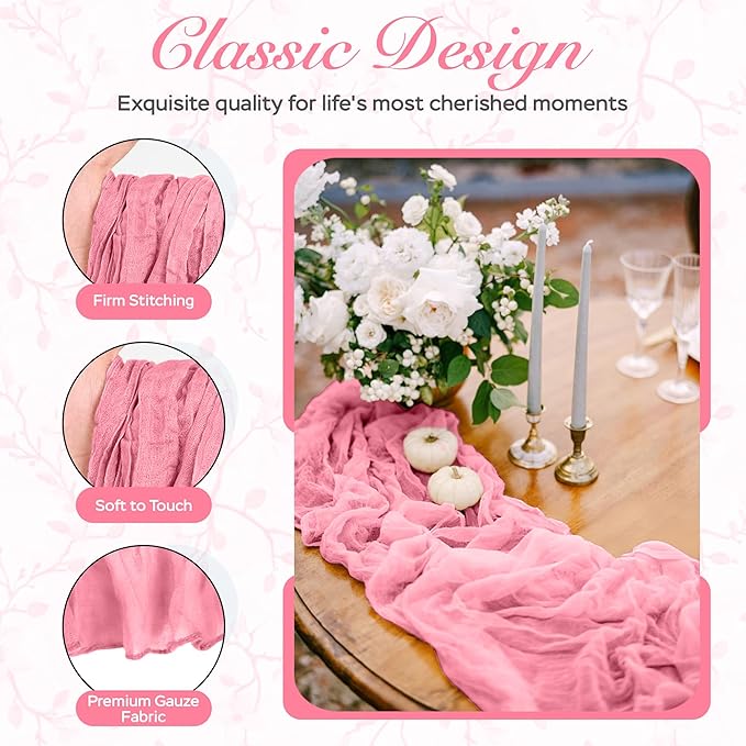 Cheesecloth Table Runner 6 Pack – 35x120 Inch (10ft) Boho Rustic Gauze Cloth Runners – Crinkle Polyester Table Decor for Wedding, Baby Shower, Bridal Shower, Birthday Party and More (Pink)