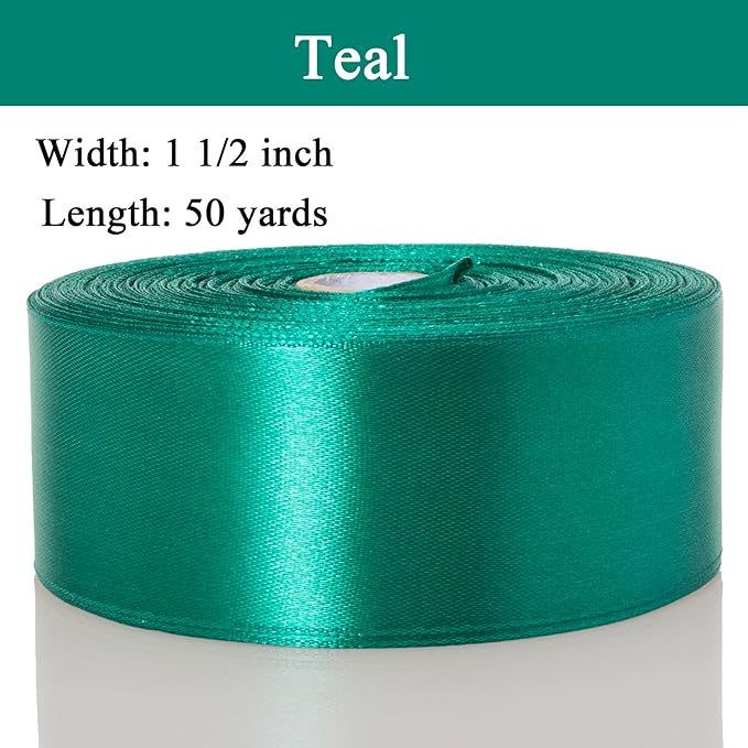 1 1/2 Inch Teal Solid Satin Ribbon, 50 Yards Craft Fabric Ribbon for Gift Wrapping Floral Bouquets Wedding Party Decoration