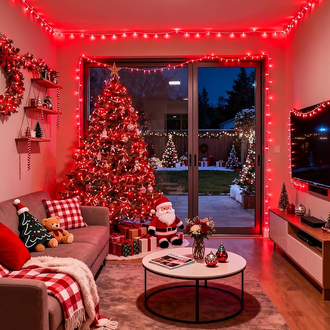 JMEXSUSS 33ft 100 LED Red Christmas Lights, Connectable 8 Modes Room String Light Indoor Plug-in, Clear Wire Red Christmas Tree Lights Outdoor Waterproof for Xmas Bedroom, Party