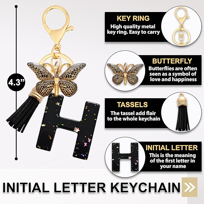 Initial Letter Keychain, Butterfly Keychain Cute Resin, Initial Keychain Backpack Charms, Key chain for Women, Girls