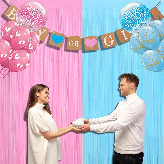4 Pack 3.2Ft x 9.8Ft Macaron Pink Blue Foil Fringe Curtain Backdrop, Metallic Tinsel Foil Fringe Streamers for Photo Booth, Wedding, Gender Reveal Backdrop Boy or Girl Birthday Party Decoration