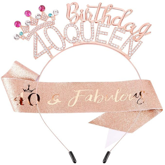 VELSCRUN 40th Birthday Queen Headband, Tiara Crown for Women, 40th Birthday Decorations for Her, Birth Queen Tiaras Crowns Sash for Women Mom Birth Party Decoration Hair Accessories Rose Gold