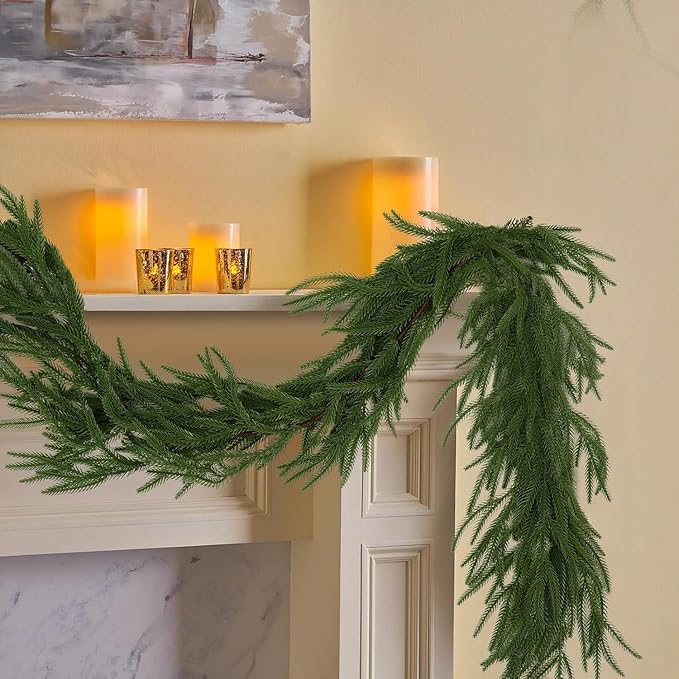 4 Pcs Artificial Norfolk Pine Garlands, Christmas Real Touch Winter Pine Garland, Green Artificial Greenery Cedar Garland for Mantle, Table, Wall, Indoor, Outdoor Christmas Decorations