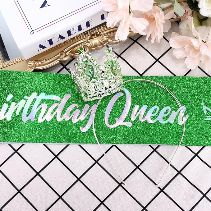 Birthday Queen Sash for Women Tiara & Crowns Headbands for Girls Happy Birthday Party Accessories Favor Supllies Leona Silver Pink Green, 2 Pack
