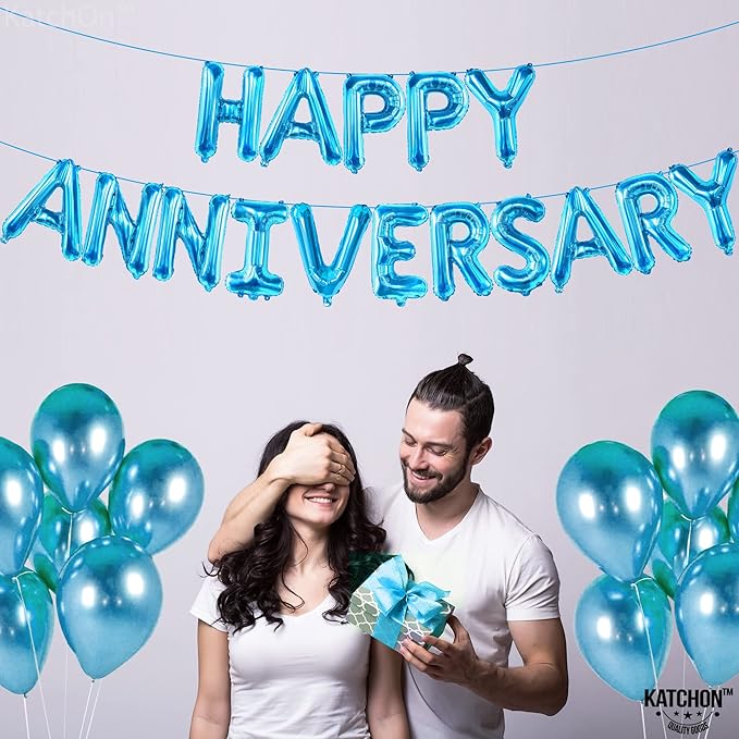 KatchOn Blue Happy Anniversary Balloons - 16 Inch, Foil with Happy Anniversary Banner and Backdrop