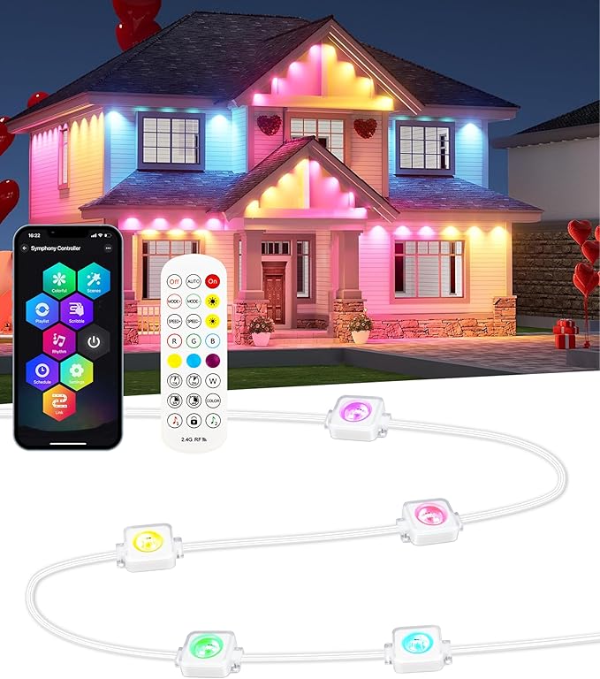 Permanent Outdoor String Lights, 50ft RGBW+IC Smart LED Eaves Lights Waterproof IP67, App & Remote Control, Multi-Colored DIY Scene Lighting for Halloween Christmas House Year-Round Decor