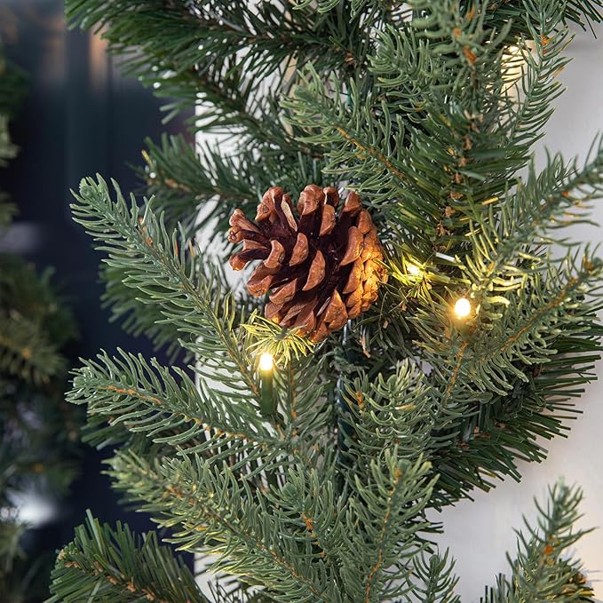 Glitzhome 9ft Pre-Lit Christmas Garland, Greenery Garland with Pine Cones Warm White LED Lights and Timer Pine Garland for Mantle Fireplace Stairs Front Door Window Christmas Party Decorations