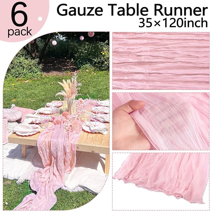 6 Pack Pink Cheesecloth Table Runner 10FT Boho Gauze Fabric Table Runner 35 x 120 Inch Rustic Sheer Runner for Centerpiece Wedding Decor Baby Shower Party Boho Table Decoration(Pink)