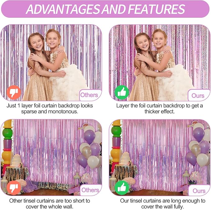 Crosize 7 Pack 3.3 x 9.9 ft Laser Pink Foil Fringe Backdrop Curtain, Streamer Backdrop Curtains, Streamers Birthday Party Decorations, Tinsel Curtain for Parties, Galentines Decor, Preppy, Photo Booth