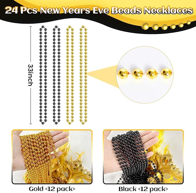 24 PCS New Year Eve Necklaces, Gold Black New Year Necklaces, 33 Inch 7 mm Round Happy New Year Necklace Accessories, 2025 New Year Party Beads for New Year's Day, Christmas, Carnival Party Favors
