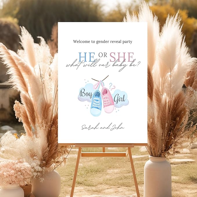 He or She What Will Our Baby Be Gender Reveal Welcome Sign, Pastel Pink Blue Shoes Decor Sign