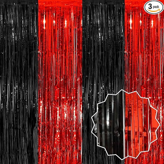 3 Pack Black and Red Foil Fringe Curtains Backdrop, 3.28 x 8.2 Ft Metallic Streamers Tinsel Curtains Background for Photo Booth, Birthday, Christmas, Halloween, New Year Party Decorations