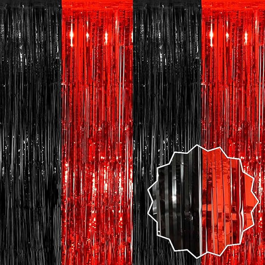 3 Pack Black and Red Foil Fringe Curtains Backdrop, 3.28 x 6.6 Ft Metallic Streamers Tinsel Curtains Background for Photo Booth, Birthday, Halloween, Christmas, New Year Party Decorations