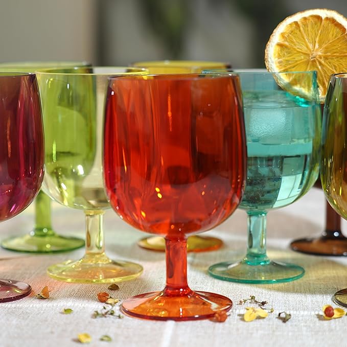 8-Piece Colorful Plastic Stackable Drinking Cup Set - 8.5 oz Wine Goblets, Reusable, BPA-Free, Dishwasher Safe