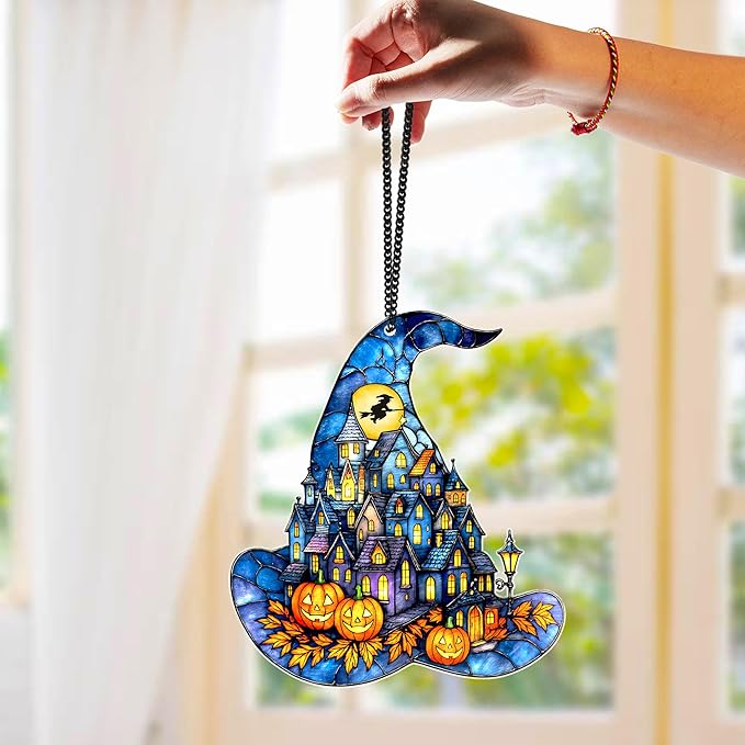 Witch Hat Suncatcher for Window Hanging, Gothic Halloween Decoration, Spooky Town Pumpkin Acrylic Ornament, Jack-o’-Lantern Fantasy Decor, Autumn Halloween Christmas Witchy Gifts for Women, Friends
