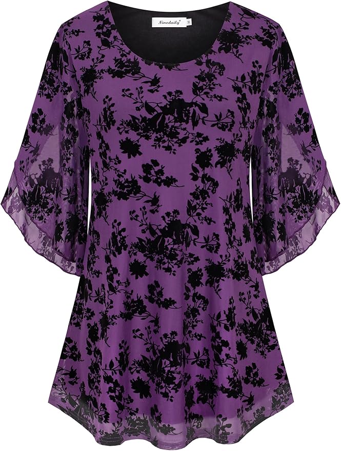 Ninedaily Women's Tops 3/4 Sleeve Blouses Dressy Casual Double Layers Mesh Tunic Shirts