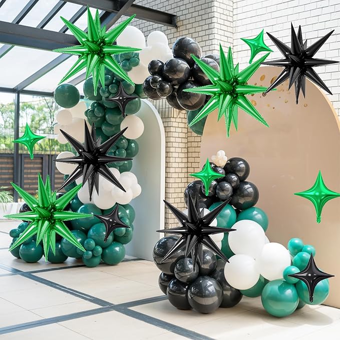 18 Pcs Black Green Star Balloons, Green and Black Balloon with 6 Pcs 22-Inch Explosion Star Balloons 12Pcs 10-Inch Four Pointed Stars Foil Balloon for Anniversary Football Birthday Party Decor