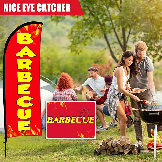 Buryeah BBQ Sign Banner Set Including 1 Pack Barbecue Feather Flag Banner 3 Pack Double Sided Directional Arrow Barbecue Yard Signs with Metal Stake for Business Advertising Outdoor Ground (Red)