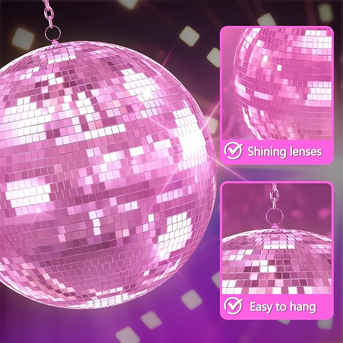 Disco Ball, 12/16/20 Inch Hanging Disco Ball, Mirror Ball for Party Decoration, Wedding, DJ Club, Stage, Birthday, Christmas, New Years Celebration (Pink, 12Inch)