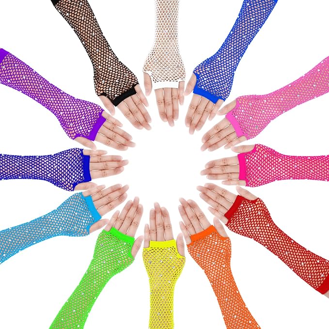 TecUnite 12 Pairs Fishnet Gloves Fingerless Neon Gloves for Women Men 80s Party Costume Accessories Supplies