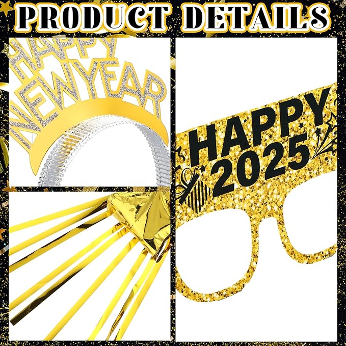 144 Pcs 2025 New Years Eve Party Supplies Include Happy New Year Headband Glasses Long Short Fringed Noise Makers for Holiday Party Favor Gift Accessories Adult
