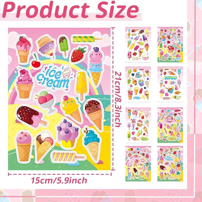 24 Sheets Ice Cream Stickers for Kids, 450Pcs Summer Stickers Bulk Preschool Sticker Sheets for Reward Craft Scrapbooking Water Bottles Gifts Bags Cards Decor