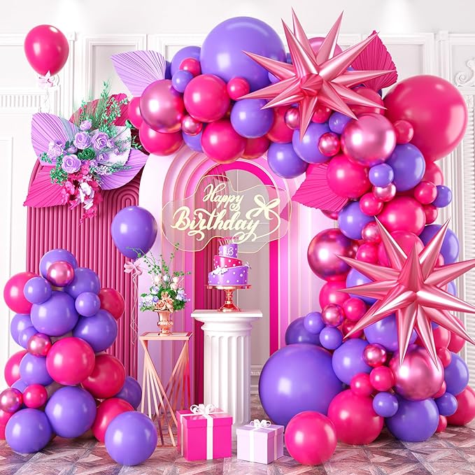 Paready Hot Pink Purple Balloons Garland Arch Kit, 100Pcs Pink Purple Metallic Balloons Arch for Girls Birthday Baby Shower Engagement Wedding Bridal Shower Party Decorations