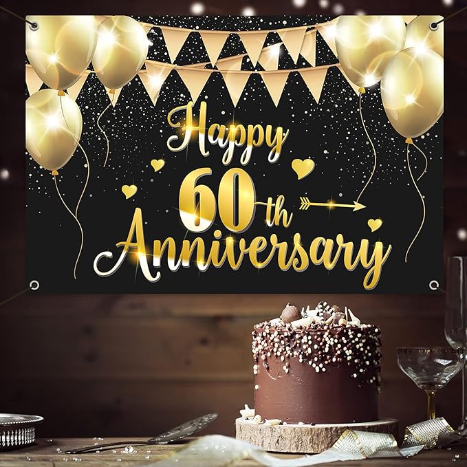 HAMIGAR 6x4ft Happy 60th Anniversary Banner Backdrop - 60 Wedding Anniversary Decorations Party Supplies - Black Gold