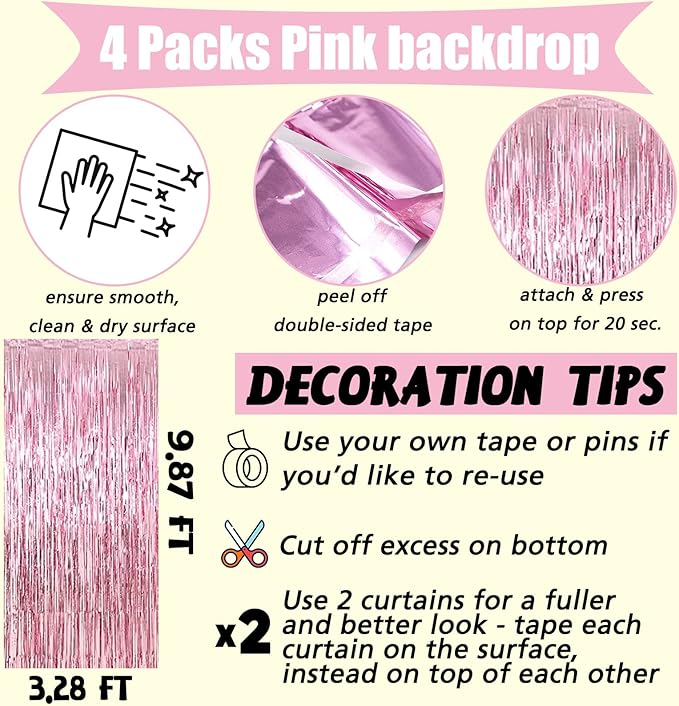 4 Pack Pink Fringe Curtain Backdrop, 3.2Ft x 9.8Ft Metallic Tinsel Foil Fringe Streamers Background for Photo Booth Birthday Wedding Baby Shower Carnival Easter Mother’s Day Party Decorations
