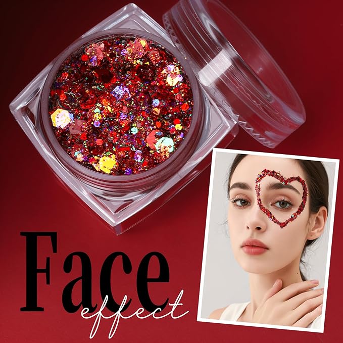 Teenitor Face Glitter, Red Body Glitter Gel, Hair Glitter, 6 Shapes Festival Rave Body Makeup Glitters Gel, Chunky Sparkling Glitter for Face, Body and Hair