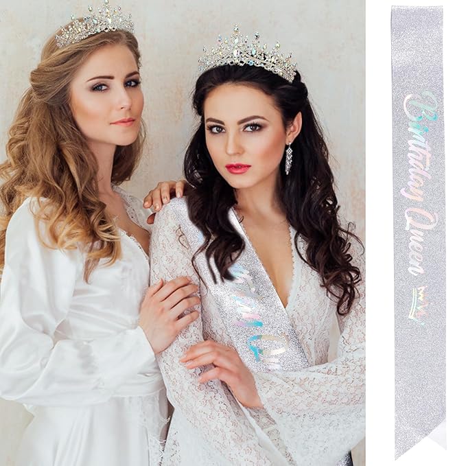 VELSCRUN AB Silver Crystal Birthday Queen Tiara Crowns for Women Girls Birthday Queen Headband Sash Elegant Princess Crown with Combs Hair Accessories Happy Birth Party Decorations Mom Gift