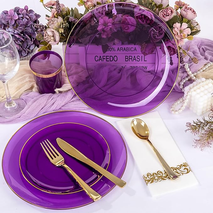 YOUBET 175PCS Purple Plastic Plates - Purple and Gold Disposable Plates Include 50 Plate, 75 Silverware, 25 Cups, 25 Napkins for Wedding & Party