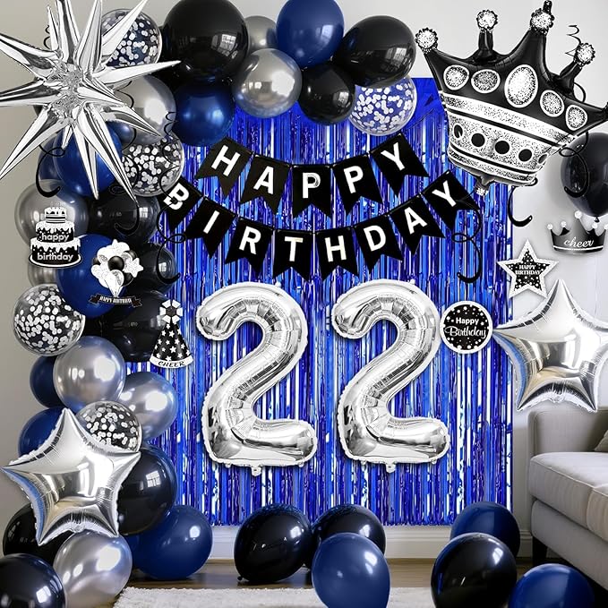 22nd Birthday Decorations for Men and Women, Black Blue Silver Happy Birthday Number 22 Balloons, Banner, Fringe Curtains Garland Kit - 22 Year Old Party Supplies