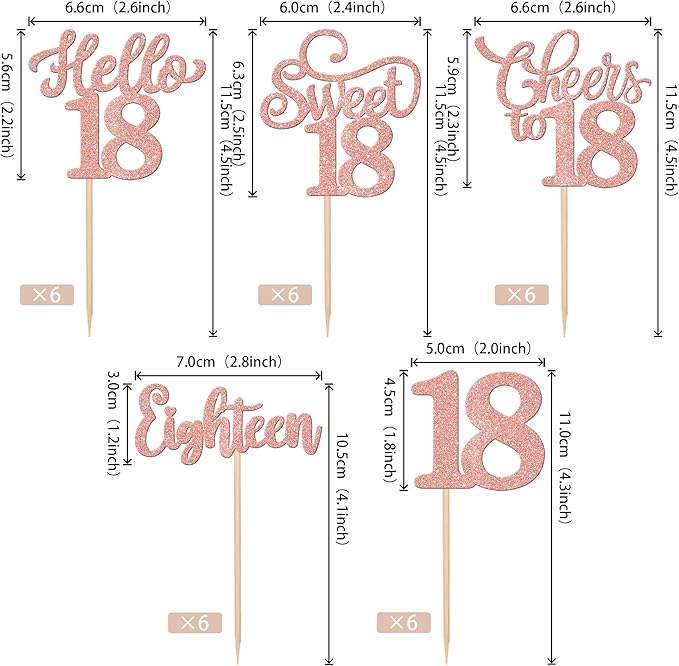 30PCS Happy 18th Birthday Cupcake Toppers Glitter Eighten Sweet 18 Hello 18 Cupcake Picks Cheers to 18 Birthday Decorations for 18th Birthday Anniversary Party Cake Decoration Supplies Rose Gold