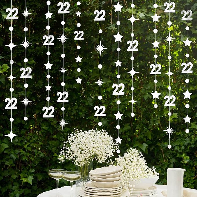 Silver 22nd Birthday Decorations Number 22 Circle Dot Star Garland Streamer Bunting Banner Backdrop for Women Mens Feeling 22 Twenty Two Years Old Birthday Happy 22th Anniversary Party Supplies