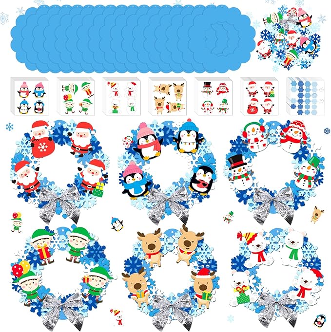 Yexiya 36 Pack Winter Wreath Craft Kits for Kids DIY Christmas Snowflake Wreath Hanging Ornaments Blue White Make Your Own Snowman Santa for Winter Xmas Party Favors Activities Decoration