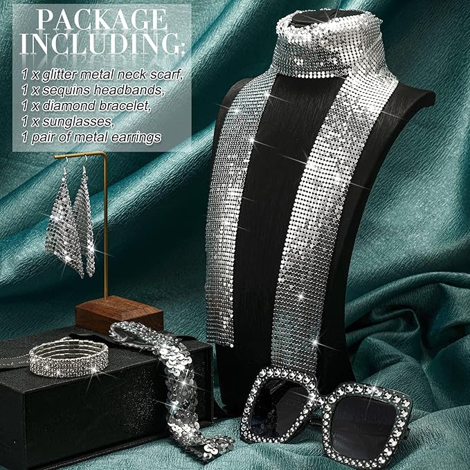 Sasylvia 5 Pcs 70s Disco Accessories Halloween Women Costume Jewelry Sequin Scarf Earrings Sunglasses Bracelet Headband