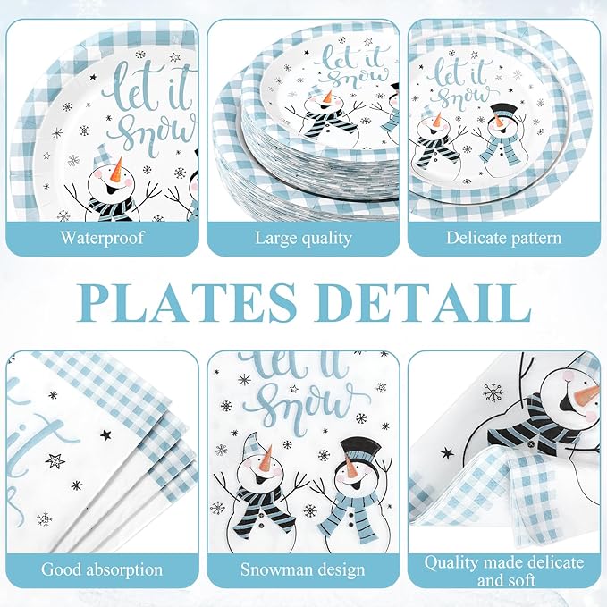 250 Pcs Christmas Snowman Paper Plates and Napkins Party Supplies Blue White Buffalo Plaid Winter Disposable Tableware Set for Christmas Winter Holiday Xmas Party Decoration