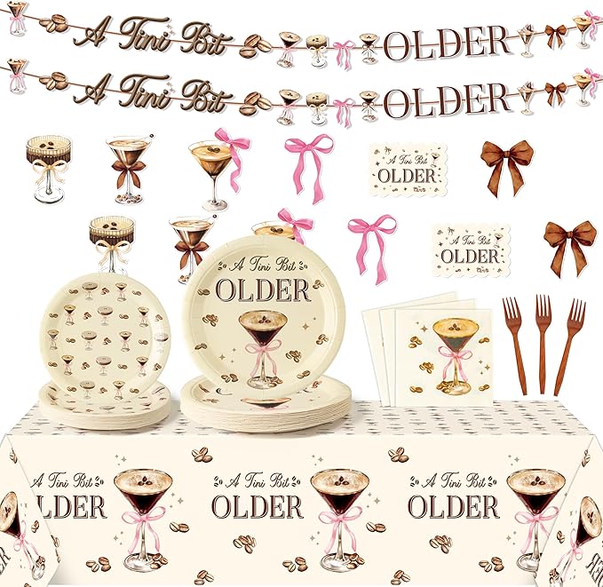 Martini Bow Party Decoration - Serves 24 -112Pcs A Tini Bit Older Party Supplies, Espresso Martini Cocktail Coffee Disposable Plate Napkin Fork Tablecloth Banner Card, for Bar Birthday Wedding