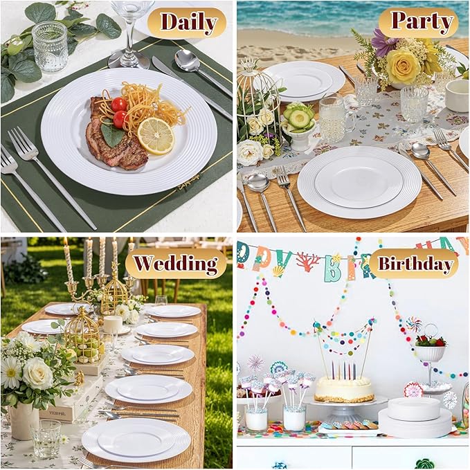 FLOWERCAT 100PCS White Plastic Plates - Heavy Duty Plastic Plates Disposable-Straw hat plates for Summer party &Wedding - Serve for 50guests party(10inch & 7inch)(White)