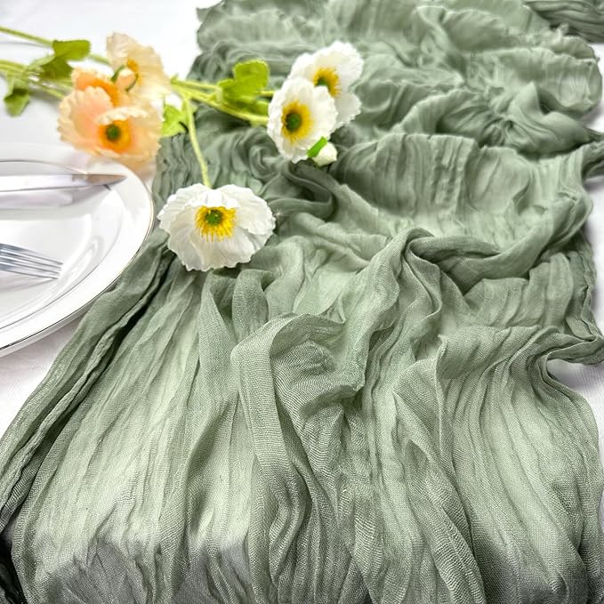 Booque Valley Dusty Green Cheesecloth Table Runner 10ft Super Soft Boho Wrinkled Gauze Sheer Cloth for Baby Shower Baptism Birthday Party Wedding Centerpiece Table Decoration, 35x120 Inch